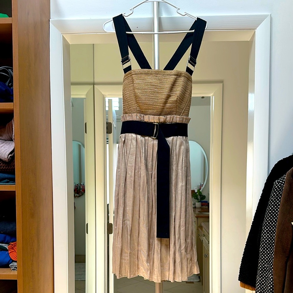 Dolce & Gabanna D&G Black and Nude / Cream / Tan Pleated, Cross-Back Midi Dress